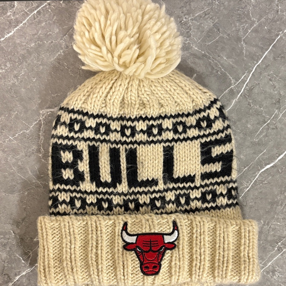 Cream and Black Bulls Pom-Pom Beanie